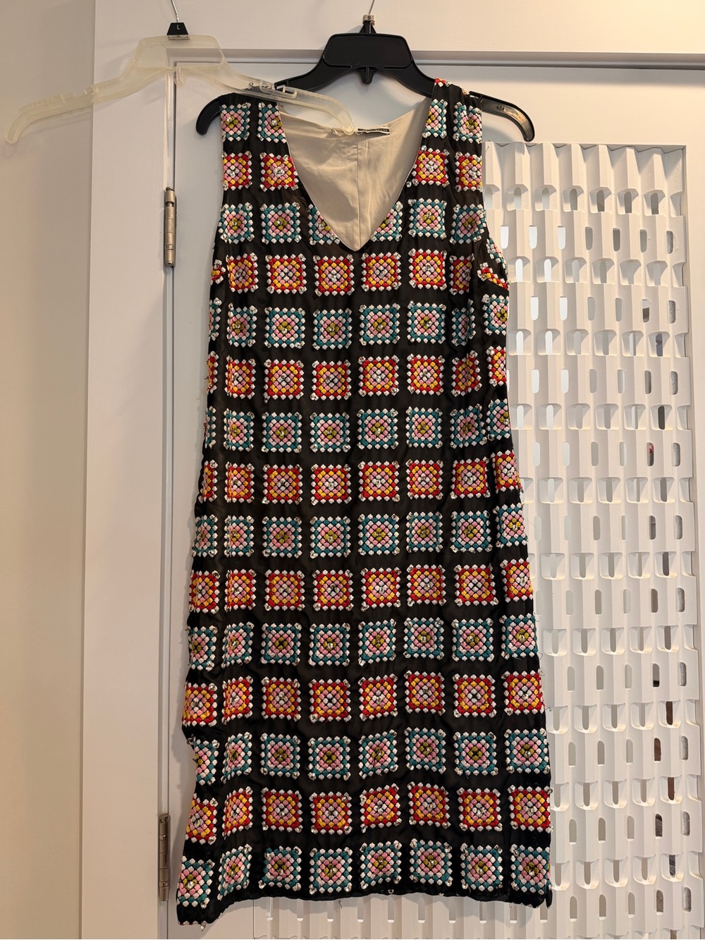 Tracy Reese Black Crochet Mini Dress with Orange and Aqua Squares